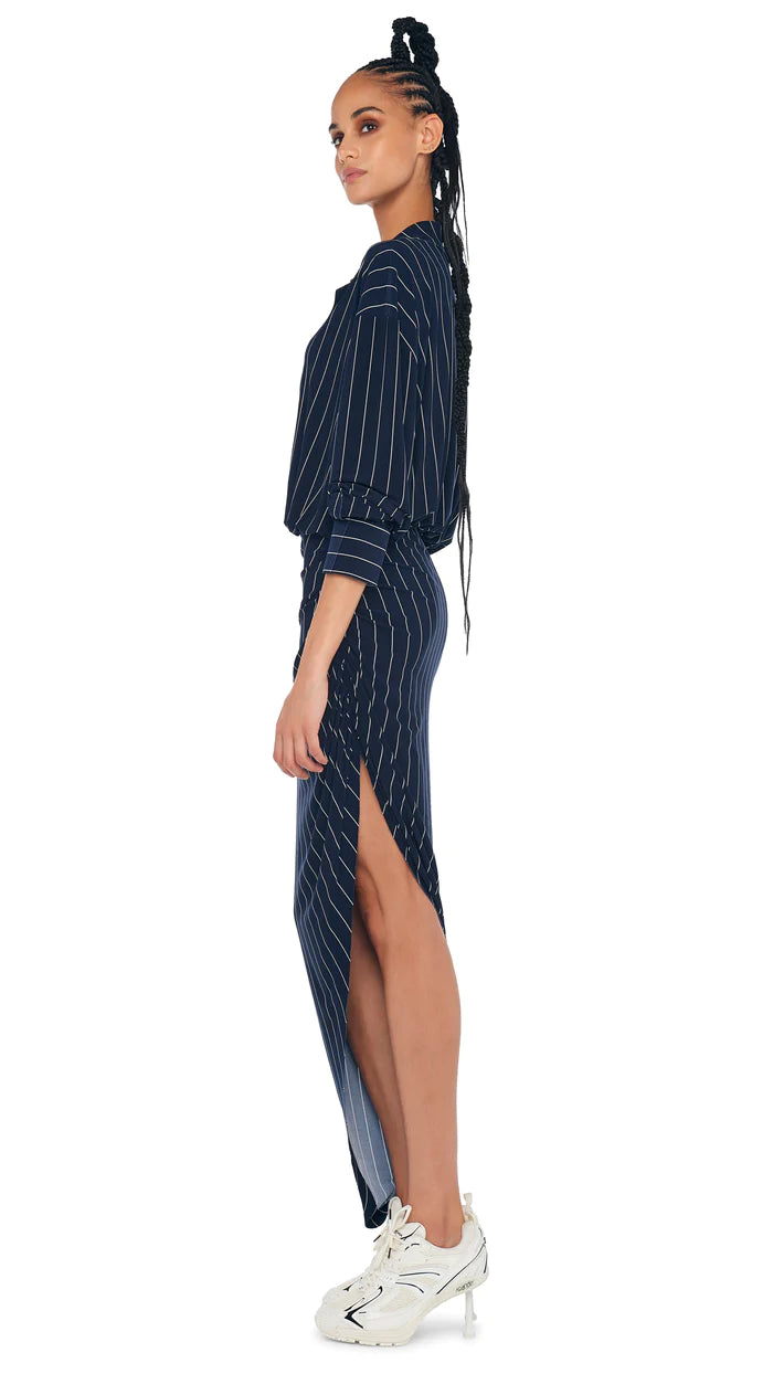 Oversized Boyfriend Shirt Dress - Navy Pinstripe