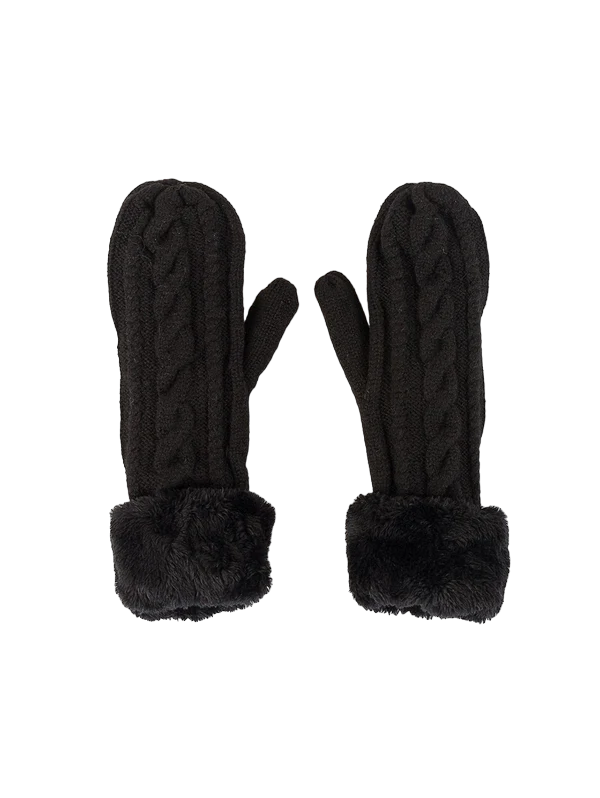 Sherpa Lined Cable Mittens - Black