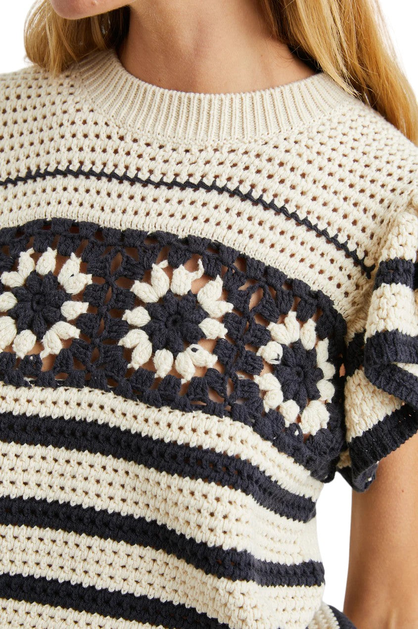 Penelope Top - Oat Navy Crochet Stripe