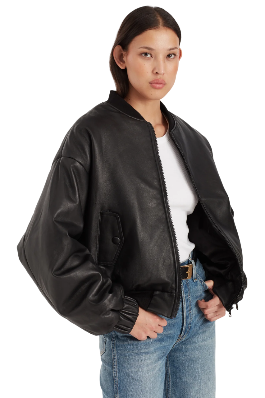 Luna Black Hooded Leather Bomber Jacket