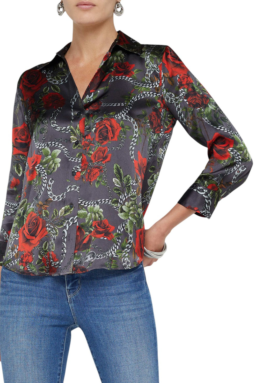 Dani Silk Blouse - Dark Shadowed Chain Roses - Shop Yu Fashion