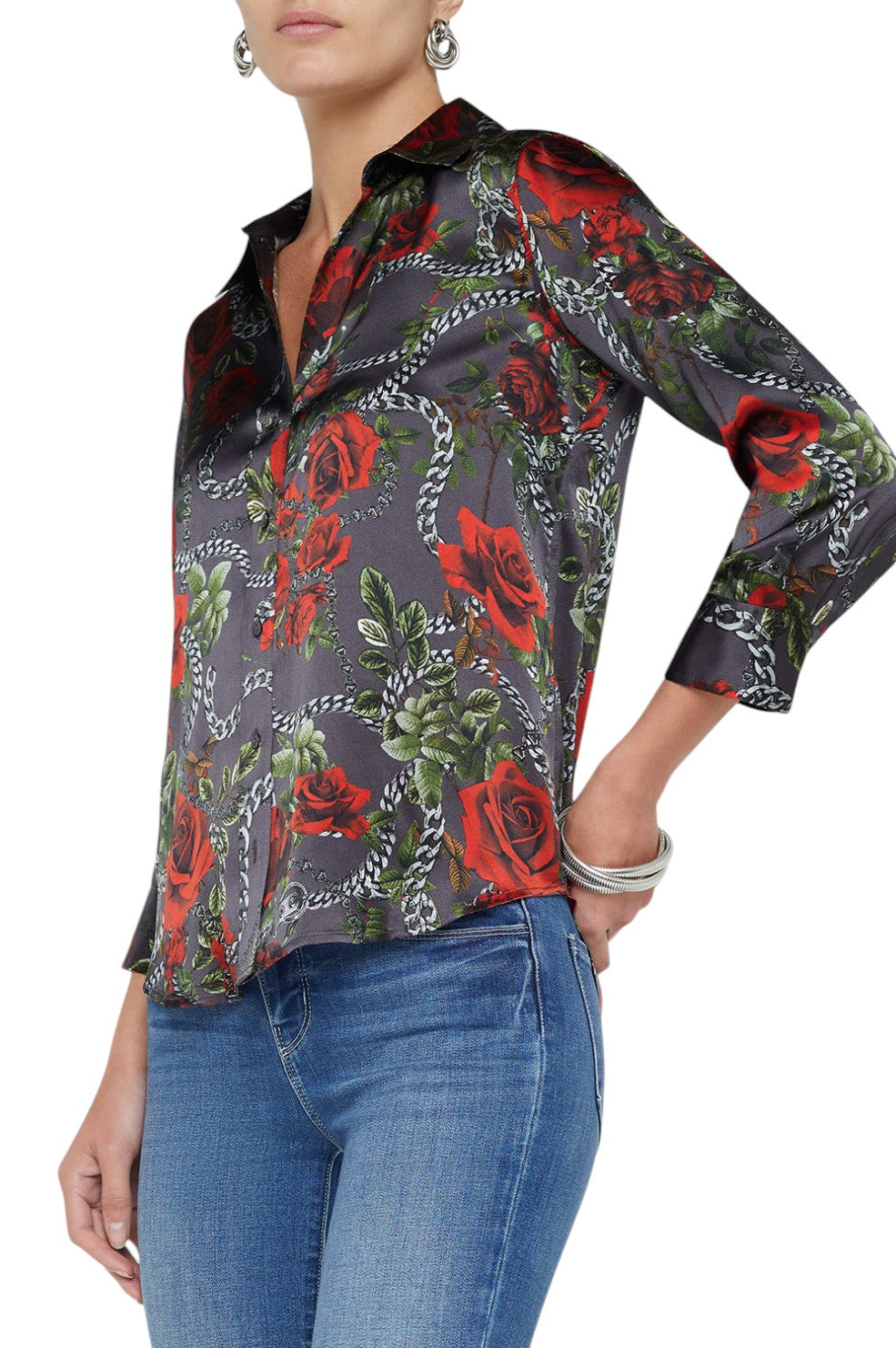 Dani Silk Blouse - Dark Shadowed Chain Roses - Shop Yu Fashion