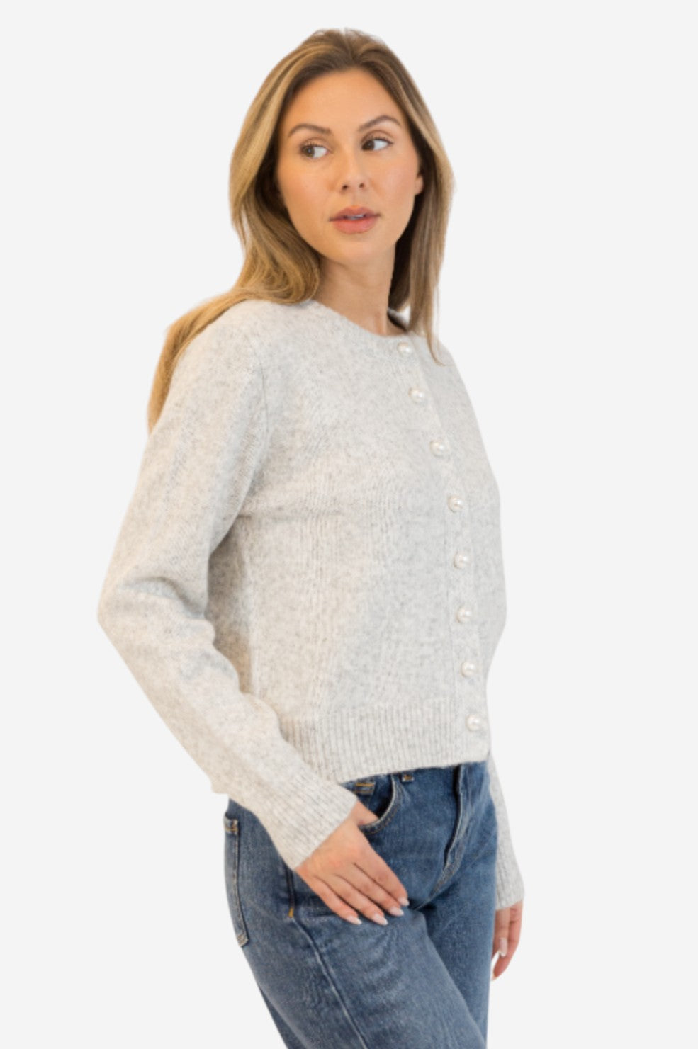 Aisha Pearl Cardigan - Light Grey - Shop Yu Fashion