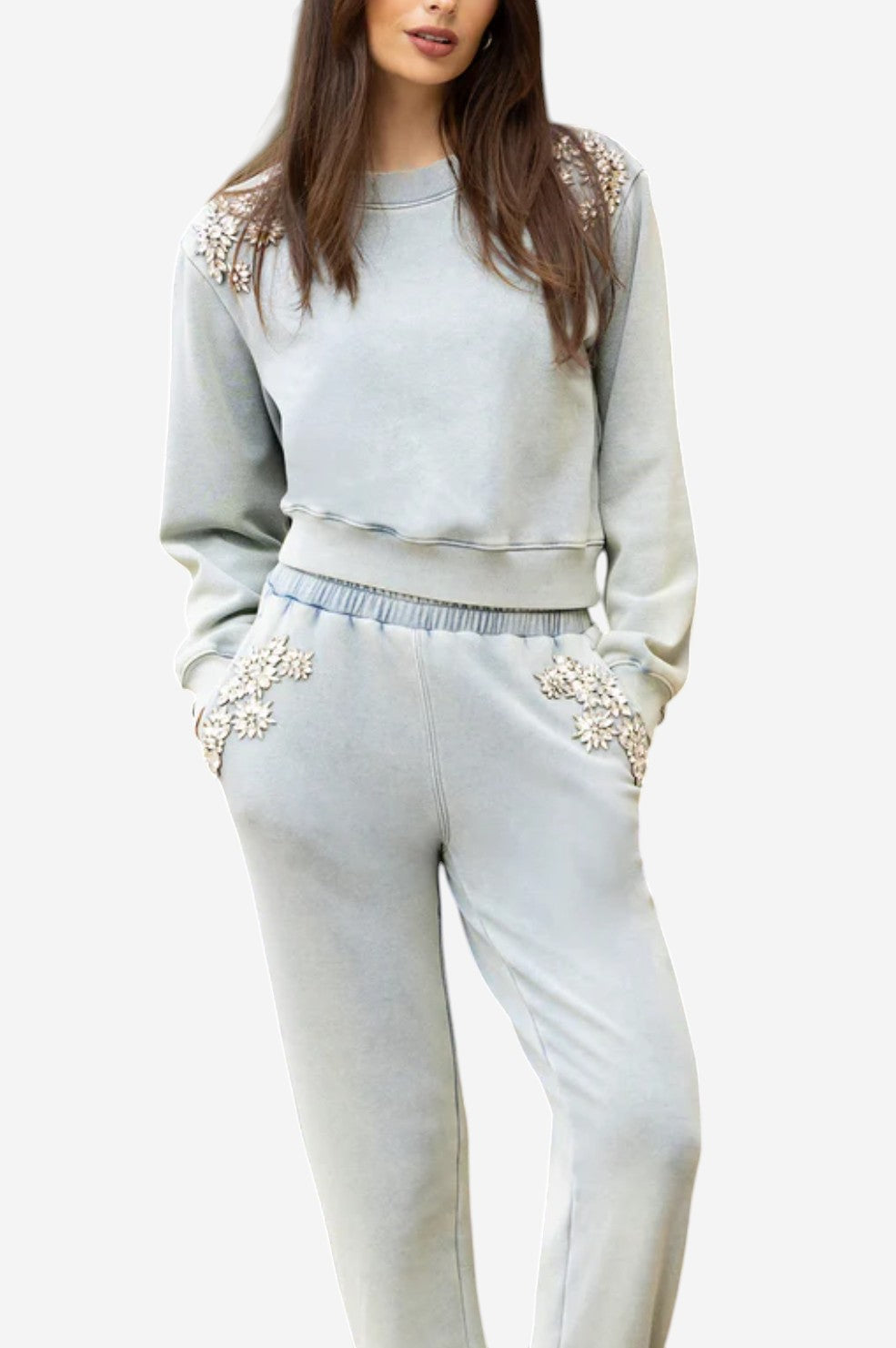 Julie Crystal Patch Sweatshirt - Washed Denim - Shop Yu Fashion