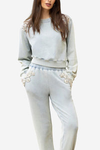 Julie Crystal Patch Sweatshirt - Washed Denim - Shop Yu Fashion