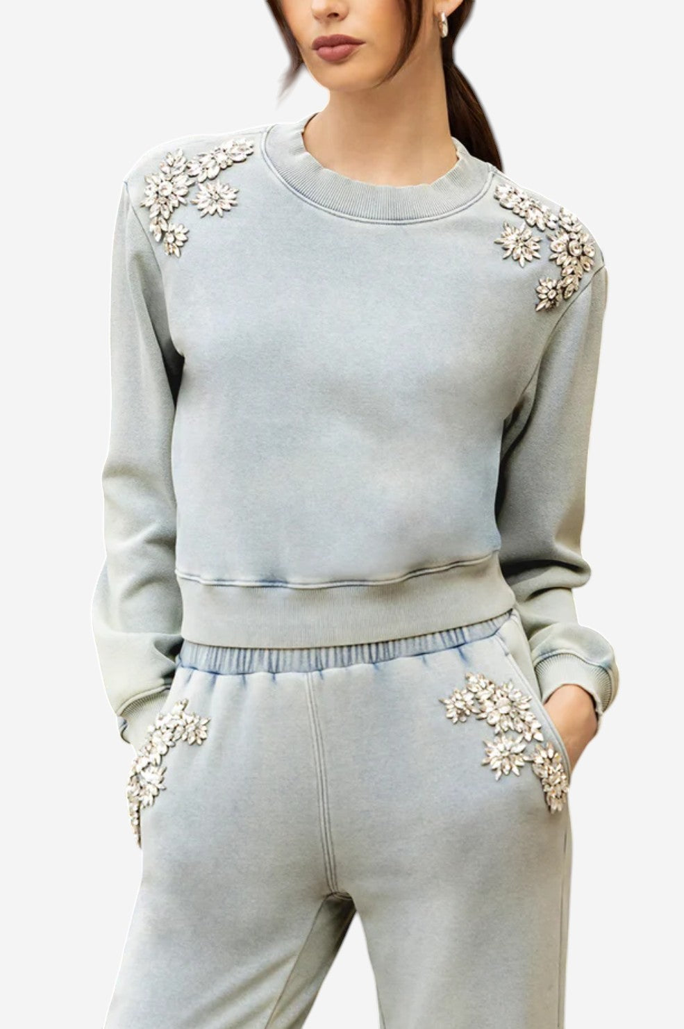 Julie Crystal Patch Sweatshirt - Washed Denim - Shop Yu Fashion