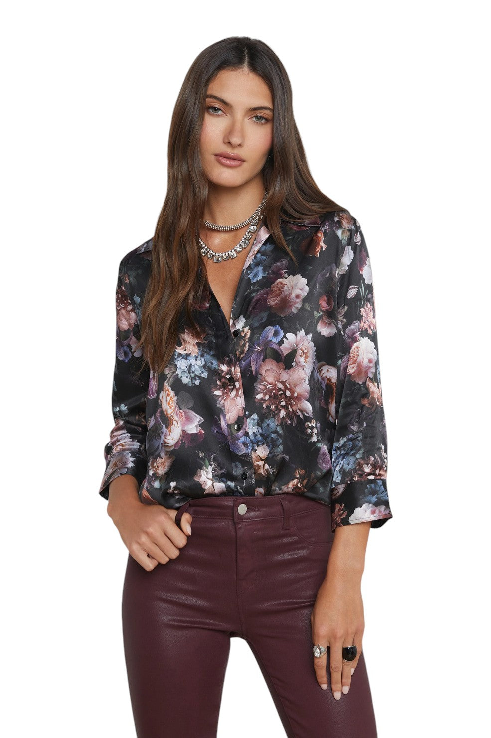 Dani Silk Blouse - Black Multi Vintage Oil Flower - Shop Yu Fashion