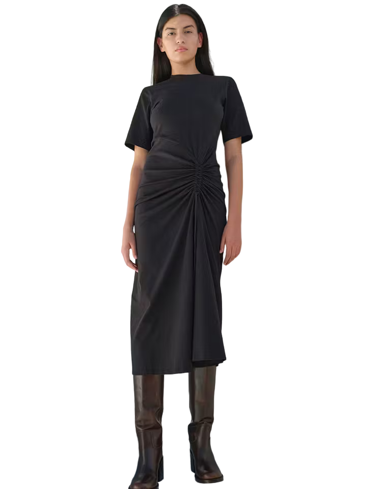 Ruched Front Tie Dress - Black