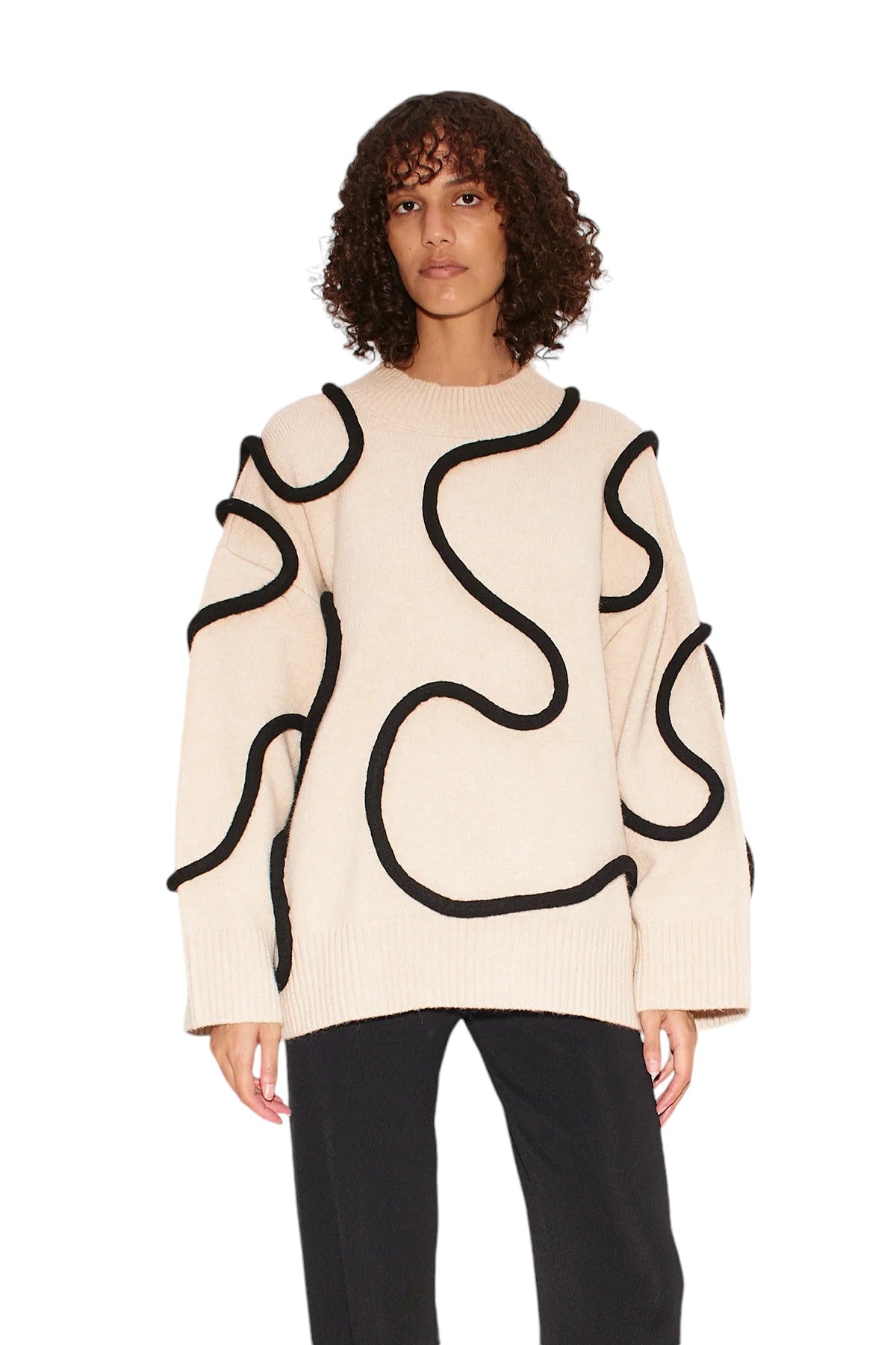 Leith Squiggle Knit Sweater - Cream/Black - Shop Yu Fashion