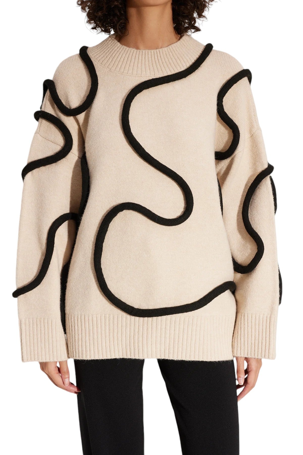 Leith Squiggle Knit Sweater - Cream/Black - Shop Yu Fashion