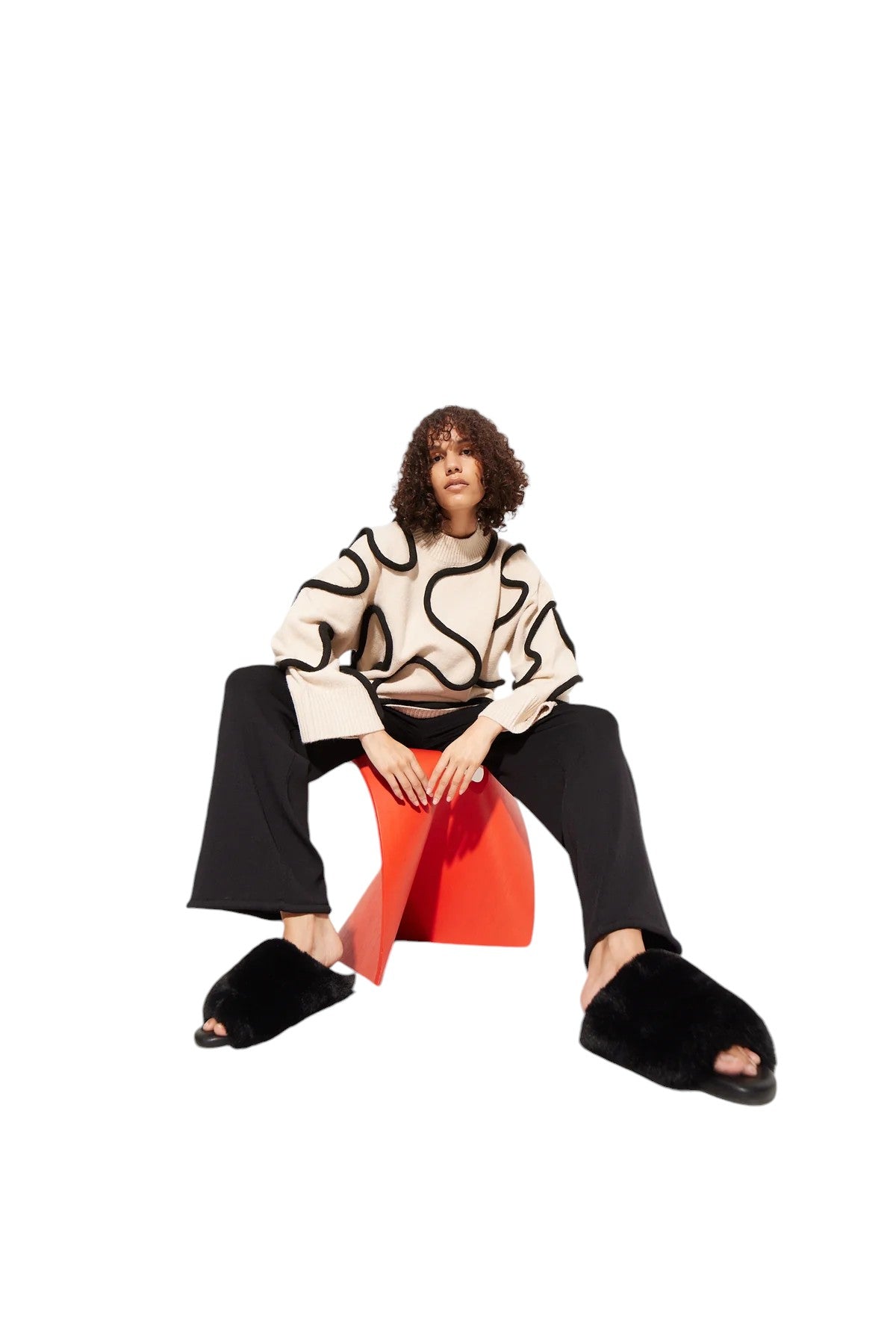 Leith Squiggle Knit Sweater - Cream/Black - Shop Yu Fashion
