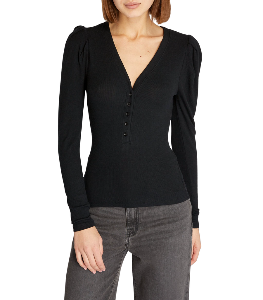 Ribbed Ruched Sleeve Henley - Black