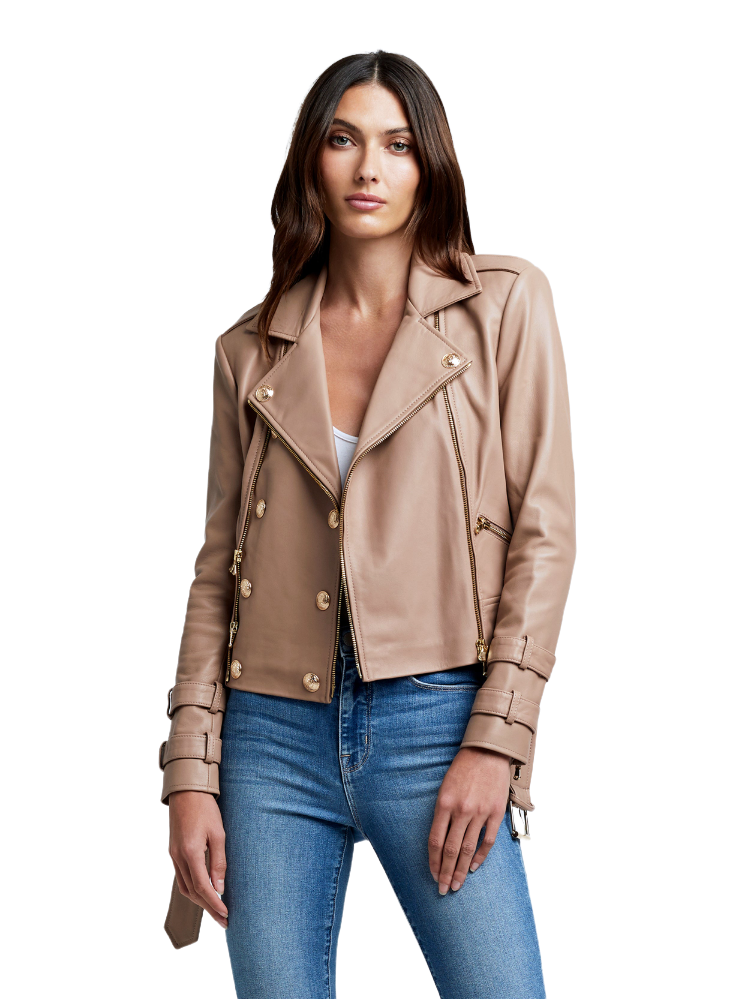 Billie Belted Leather Jacket - Chanterelle - Shop Yu Fashion