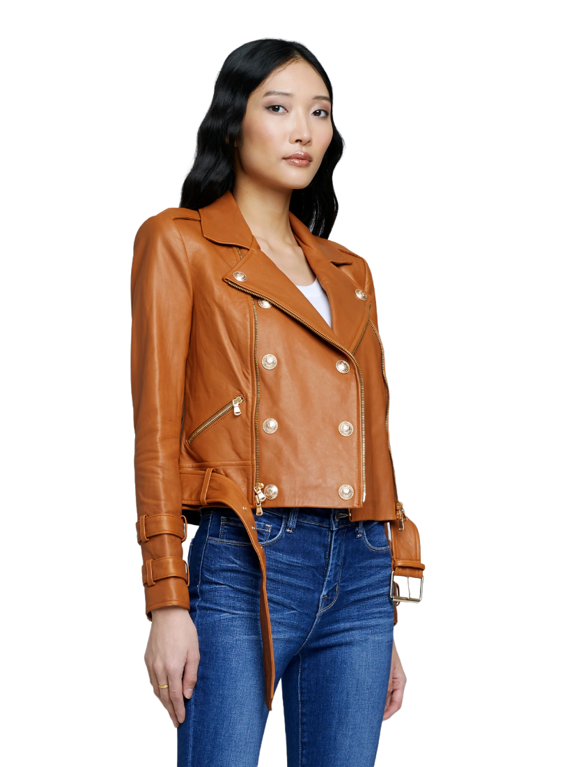 Billie Belted Leather Jacket - Cognac - Shop Yu Fashion
