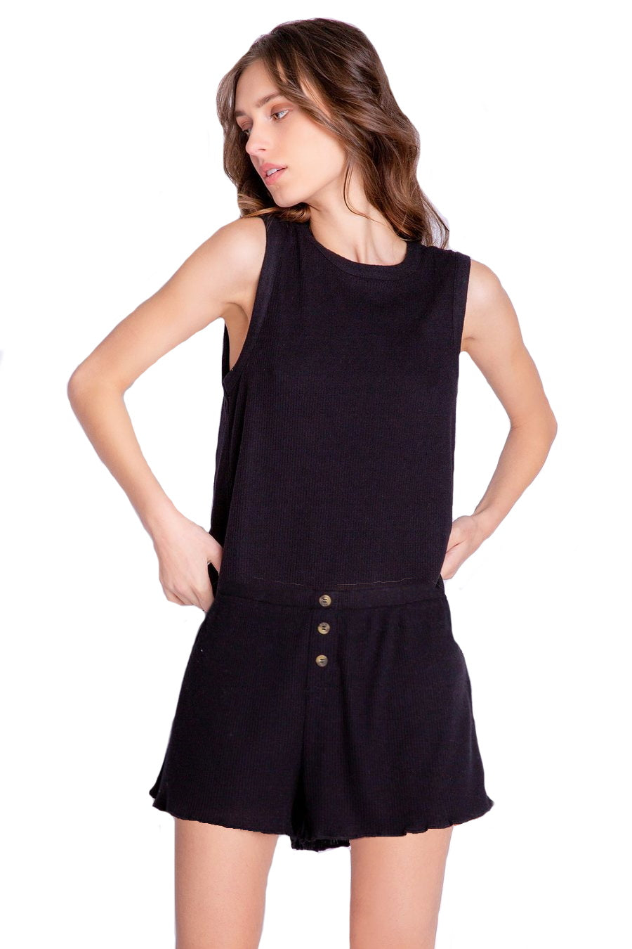 Black Texture Lounge Short/Tank Set - Shop Yu Fashion