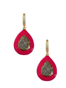 Fuschia Enamel Bezel Teardrop Huggies - Shop Yu Fashion