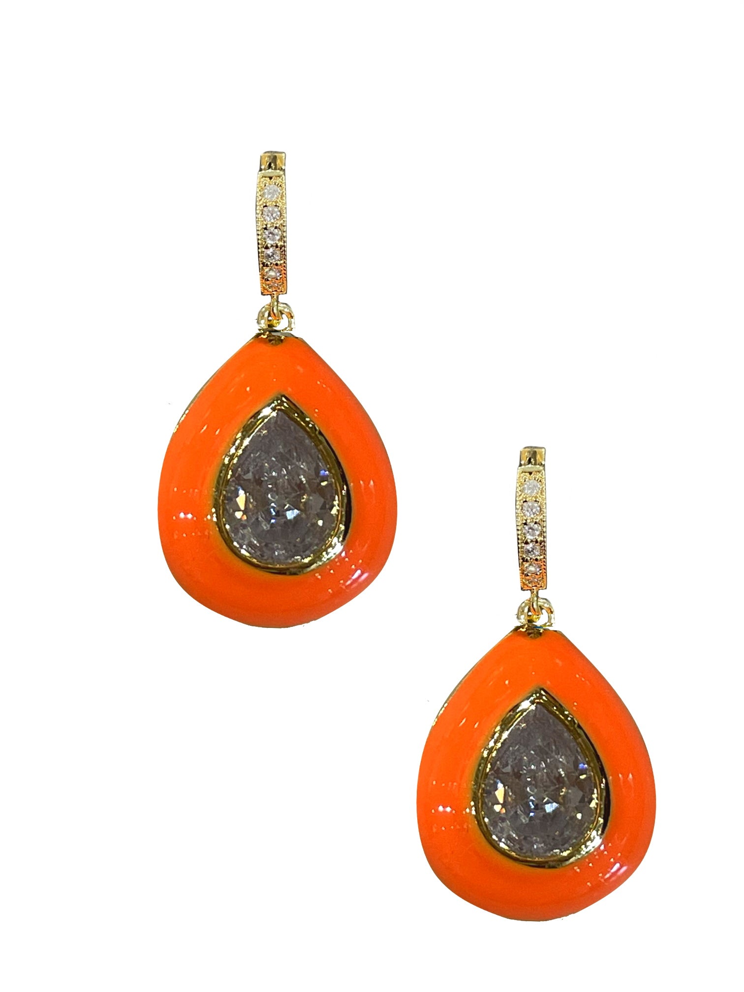 Orange Enamel Bezel Teardrop Huggies - Shop Yu Fashion