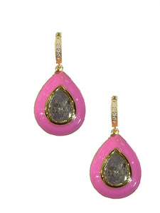 Pink Enamel Bezel Teardrop Huggies - Shop Yu Fashion